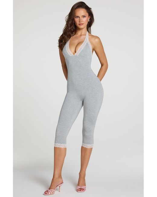 Oh Polly Gray Modal Lace-Trim Capri Jumpsuit