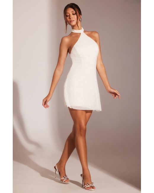 Oh Polly White Embellished Asymmetric Neck A-Line Mini Dress