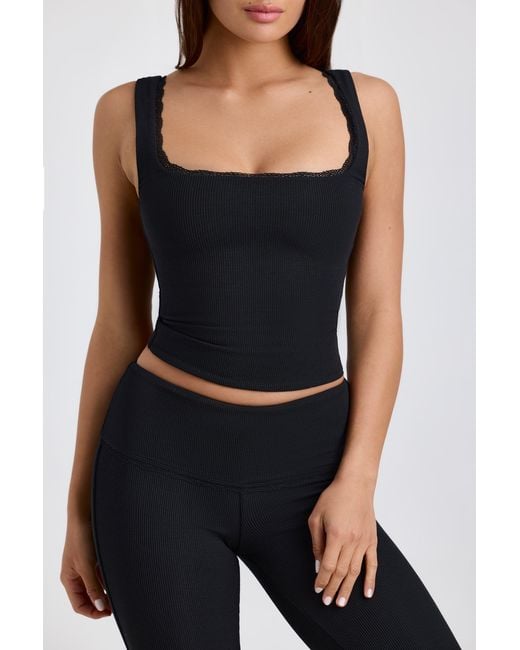 Oh Polly Black Ribbed Modal Lace-Trim Tank Top