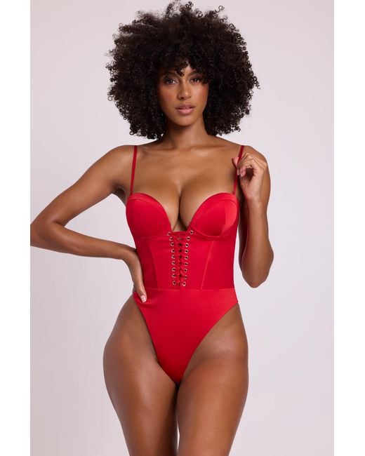 Oh Polly Red Satin Plunge Neck Lace Up Corset Bodysuit