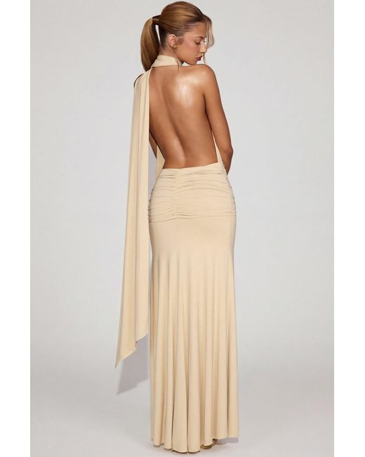 Oh Polly Natural Soft-Jersey Plunge Halterneck Maxi Dress