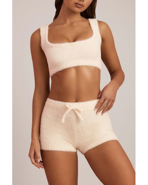 Oh Polly White Fluffy Knit Mid-Rise Mini Shorts