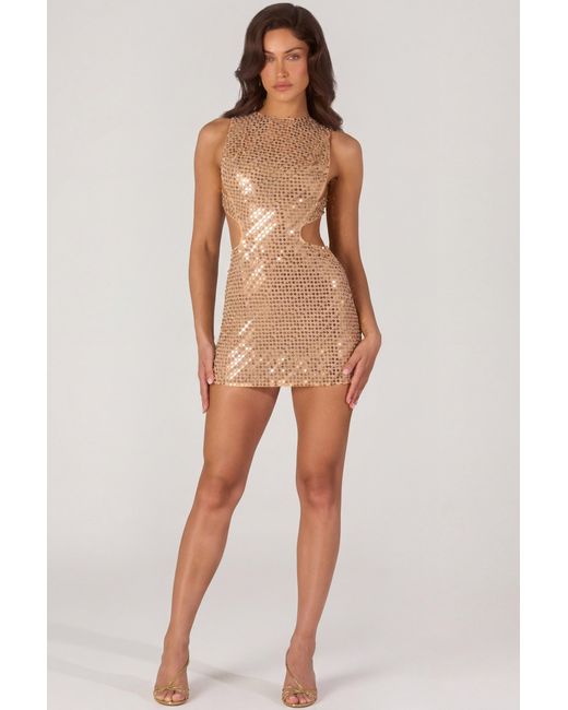 Oh Polly Metallic Embellished High-Neck Mini Dress