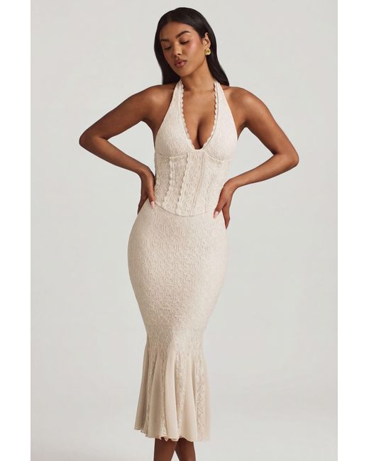 Oh Polly Natural Halterneck Corset Lace Midaxi Dress