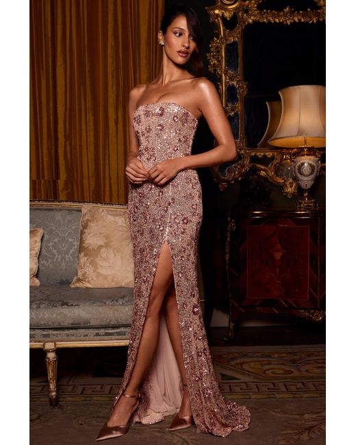 Oh Polly Natural Embellished Bandeau-Neck Strapless Gown
