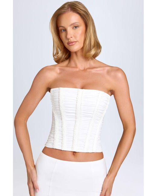Oh Polly White Ruched Lace-Up Corset Top