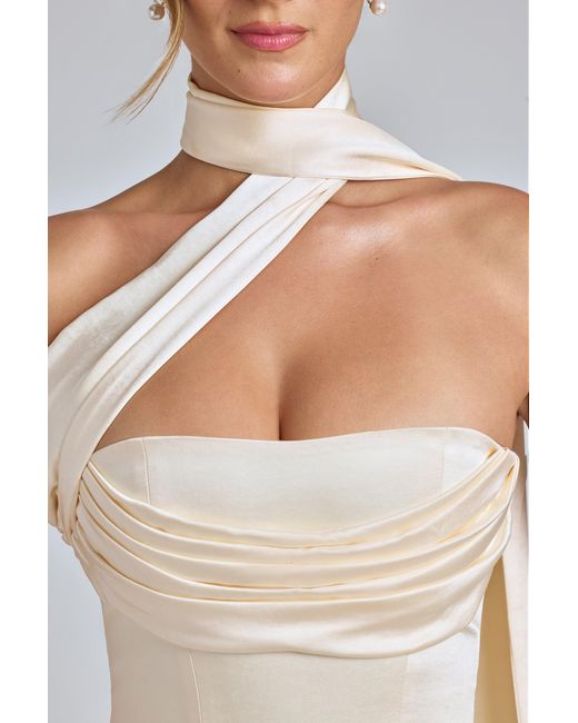Oh Polly White Draped Halterneck Satin Mini Dress