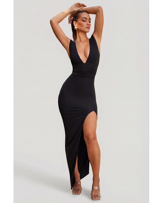 Oh Polly Black High Split Plunge Neck Maxi Dress