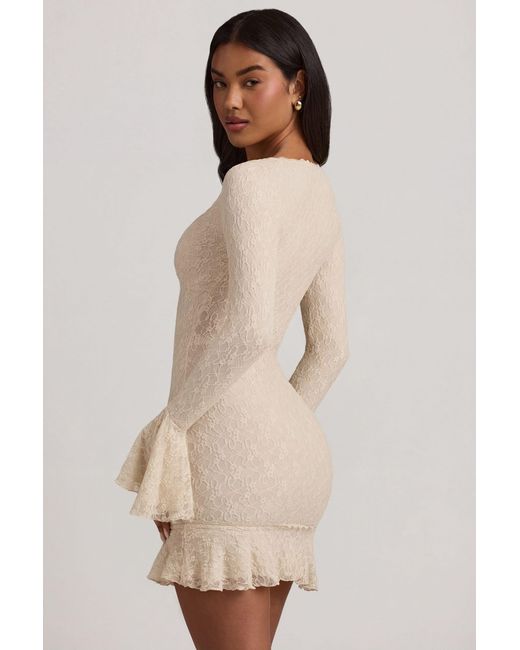 Oh Polly White Long-Sleeve Ruffled Lace Mini Dress