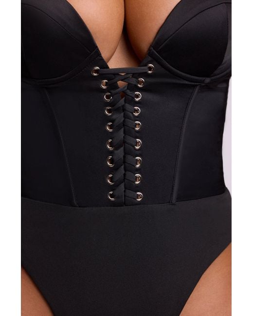 Oh Polly Black Satin Plunge Neck Lace Up Corset Bodysuit