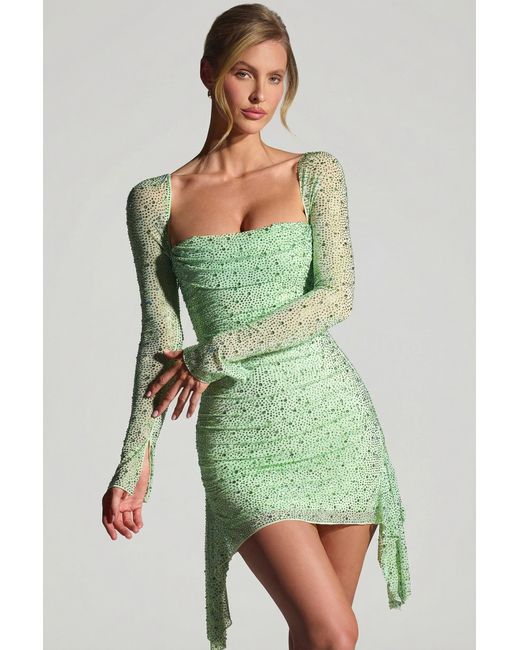 Oh Polly Green Embellished Draped Cowl-Neck Mini Dress