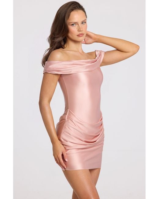 Oh Polly Pink Satin Off-Shoulder Draped Mini Dress