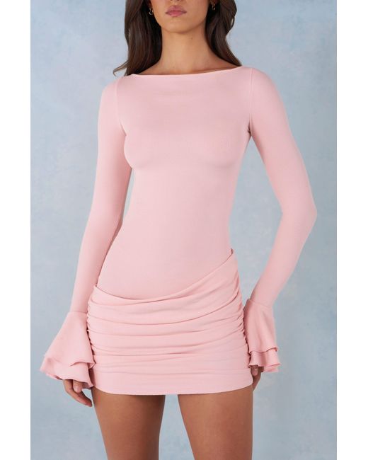 Oh Polly Pink Ribbed Modal Long-Sleeve Draped Mini Dress