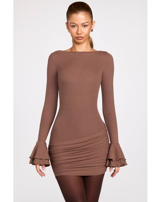 Oh Polly Brown Ribbed Modal Long-Sleeve Draped Mini Dress