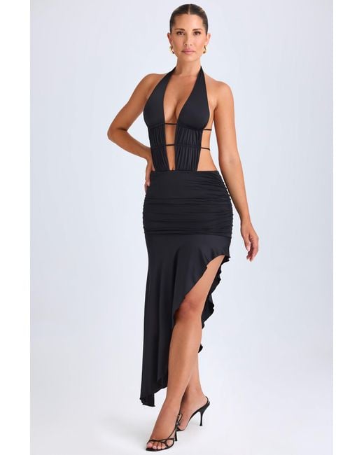 Oh Polly Black Asymmetric Cut-Out Halterneck Midaxi Dress