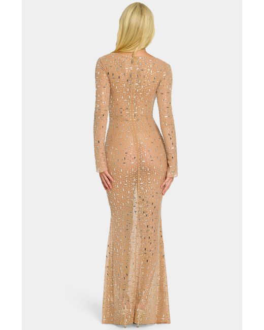 Oh Polly Natural Sheer Embellished Long Sleeve Evening Gown
