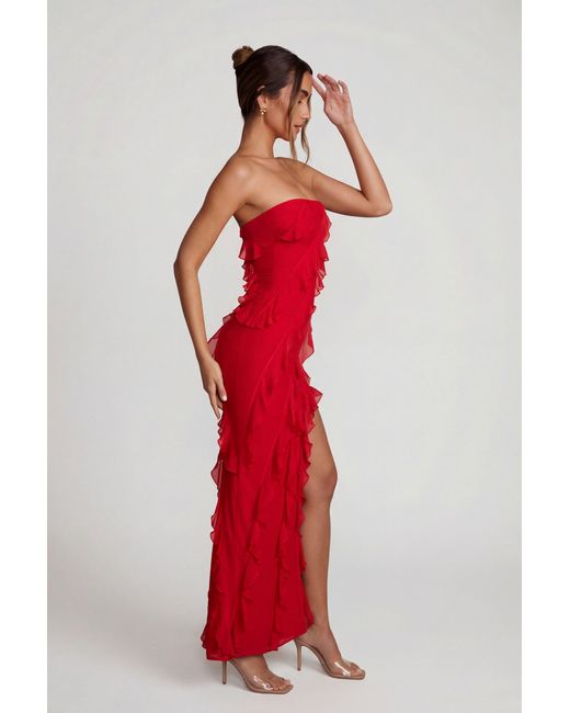 Oh Polly Red Bandeau Ruffle Detail Maxi Dress