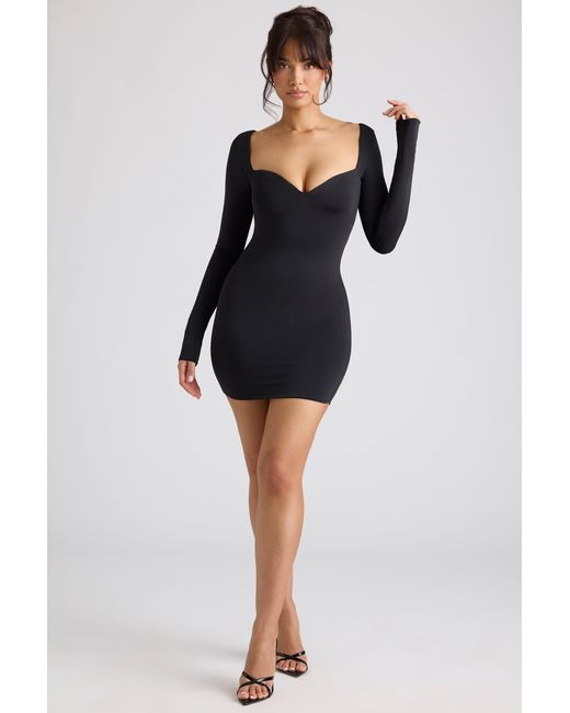 Oh Polly Black Long Sleeve Sweetheart Neckline Mini Dress