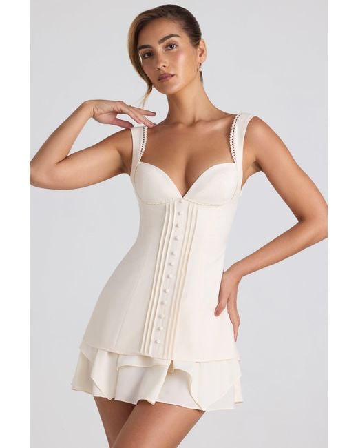 Women's White Ruffle-Trim Button-Detail Corset Mini Dress