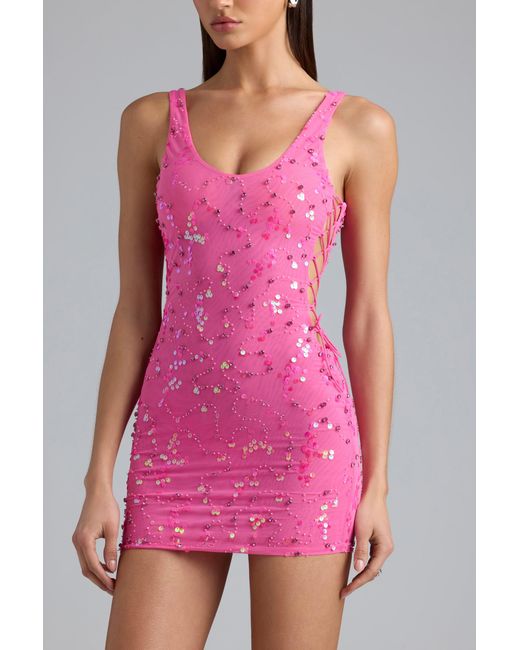 Oh Polly Pink Embellished Lace-Up Mini Dress