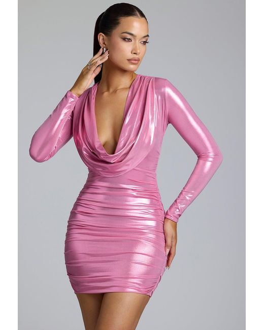 Oh Polly Pink Long Sleeve Metallic Jersey Mini Dress