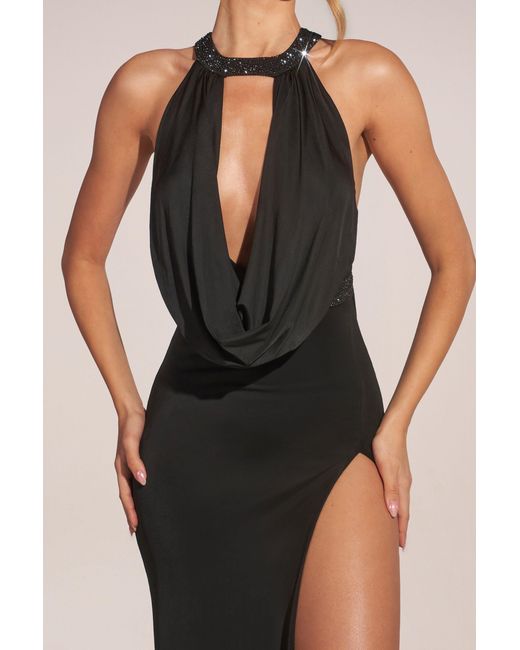 Oh Polly Black Cowl-Neck Thigh-High Gown