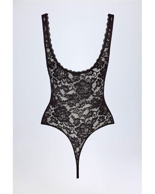 Oh Polly Black Sheer Lace Scalloped Plunge-Neck Bodysuit