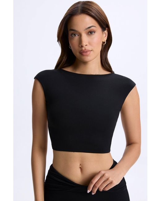 Oh Polly Black Modal Cap-Sleeve Open-Back Crop Top