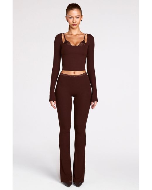 Oh Polly Brown Modal Mid-Rise Flared Trousers