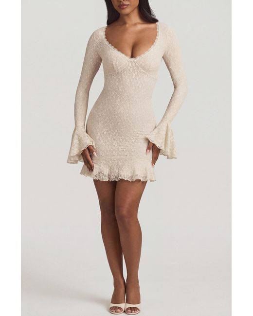 Oh Polly White Long-Sleeve Ruffled Lace Mini Dress