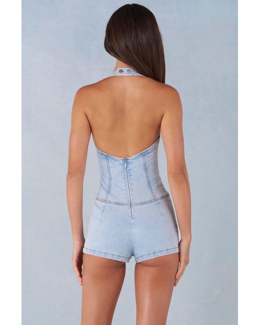 Oh Polly Blue Button-Down Halterneck Playsuit