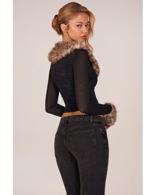 Oh Polly Black Faux Fur-Trim Sheer Mesh Cardigan