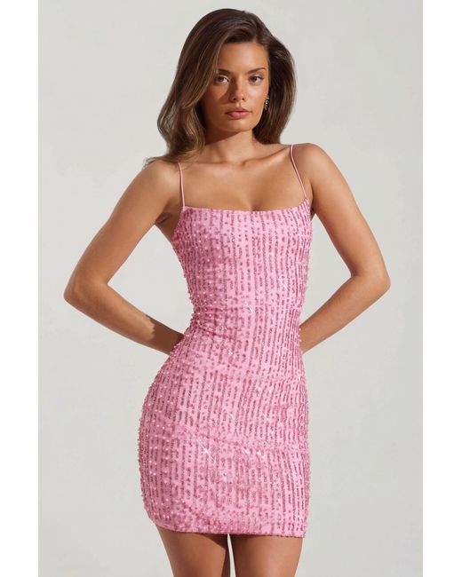 Oh Polly Pink Embellished Scoop-Neck Bodycon Mini Dress