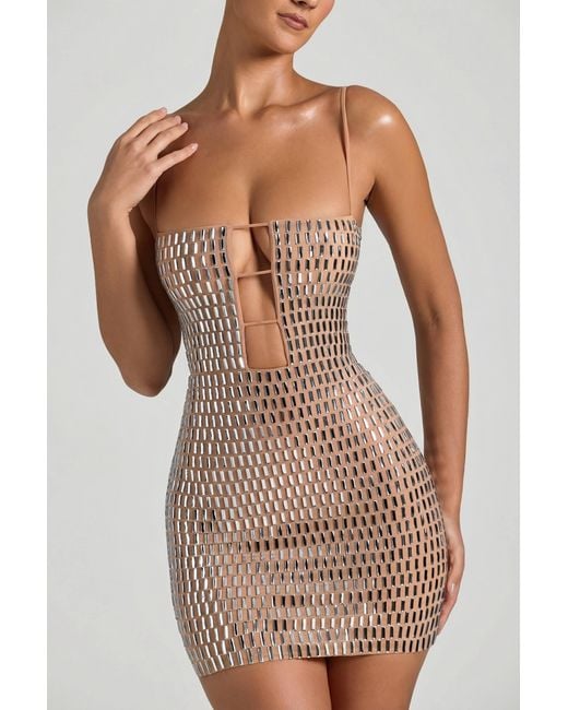 Oh Polly Natural Embellished Cut-Out Mini Dress