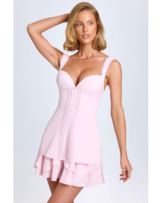 Oh Polly Pink Ruffle-Trim Button-Detail Corset Mini Dress