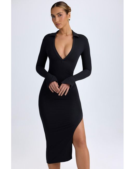 Oh Polly Black Modal Plunge V-Neck Midaxi Dress