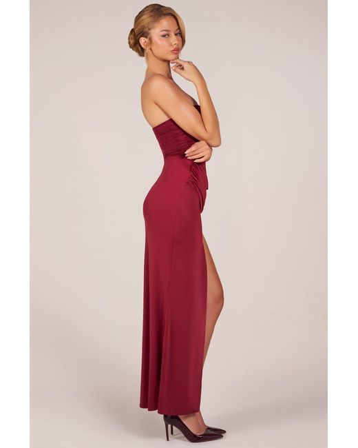 Oh Polly Red Bandeau Draped Thigh-High Maxi Dress