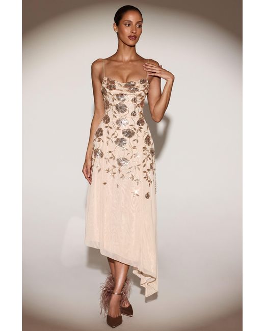Oh Polly Metallic Embellished Soft-Scoop Asymmetric Midaxi Dress