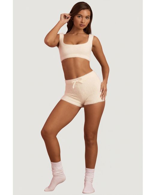 Oh Polly White Fluffy Knit Mid-Rise Mini Shorts