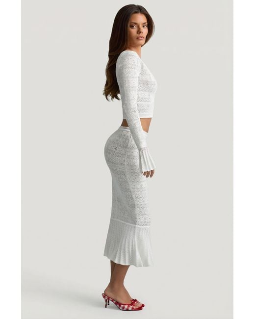 Oh Polly White Ruffle-Trim Pointelle-Knit Midaxi Skirt