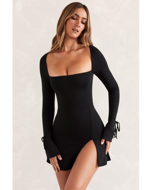 Oh Polly Black Square Neck Long Sleeve Mini Dress