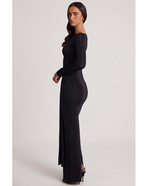Oh Polly Black Soft Jersey Boat-Neck Tie-Gather Maxi Dress