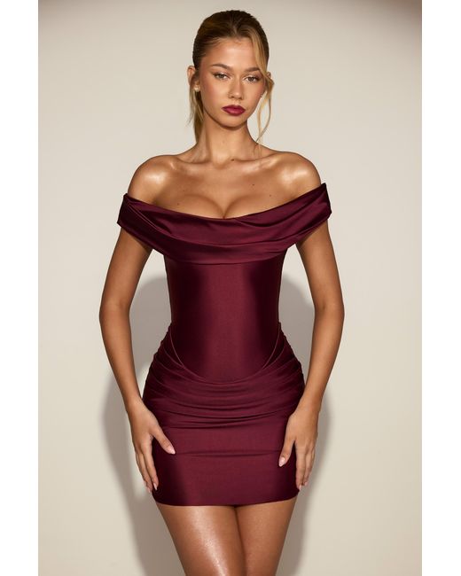 Oh Polly Red Satin Off-Shoulder Draped Mini Dress
