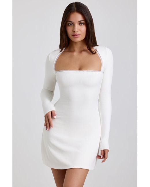 Oh Polly White Ribbed Modal Lace-Trim Mini Dress