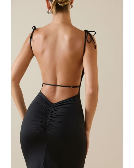 Oh Polly Black Ruched Backless Maxi Dress