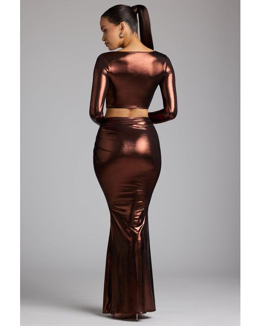 Oh Polly Brown Mid Rise Metallic Jersey Maxi Skirt
