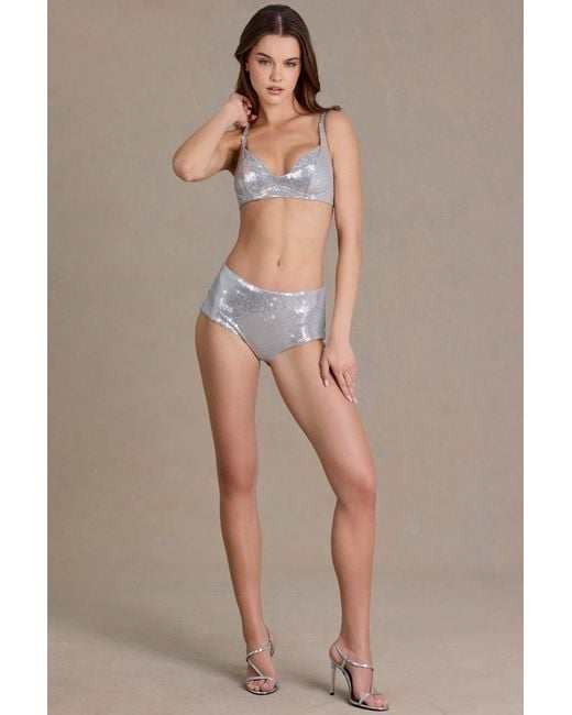 Oh Polly Metallic Sequin Mesh Mid-Rise Mini Shorts