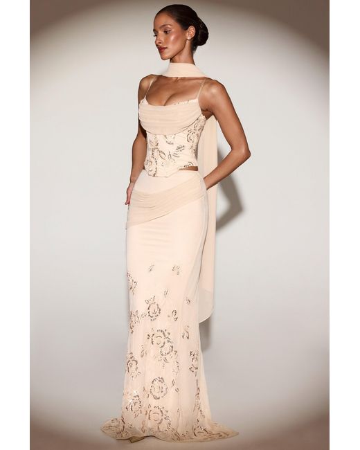 Oh Polly Metallic Embellished Draped Mid-Rise Maxi Skirt