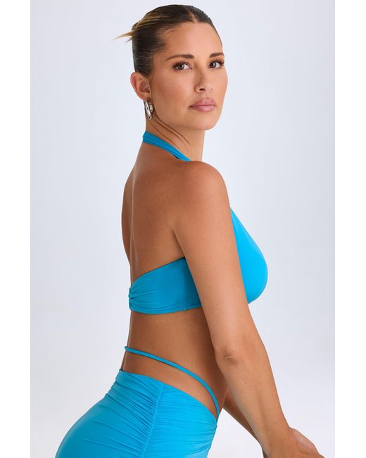 Oh Polly Blue Plunge Hardware-Detail Halterneck Crop Top
