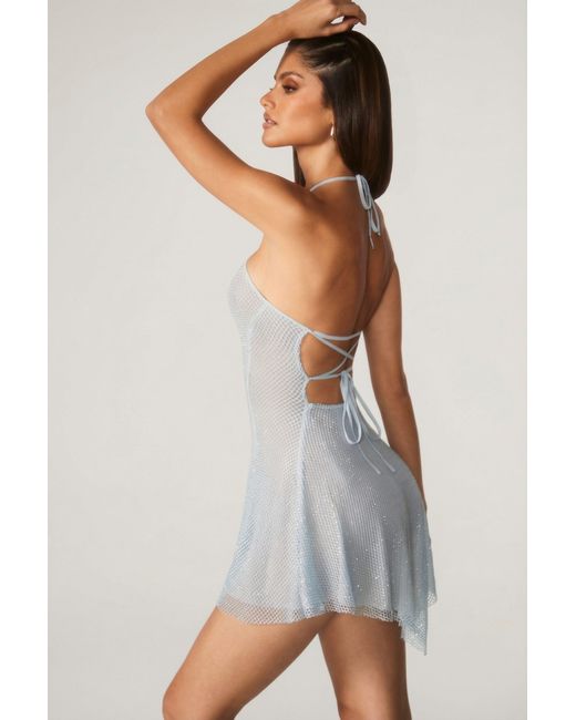 Oh Polly Blue Embellished Lace Up Back Mini Dress